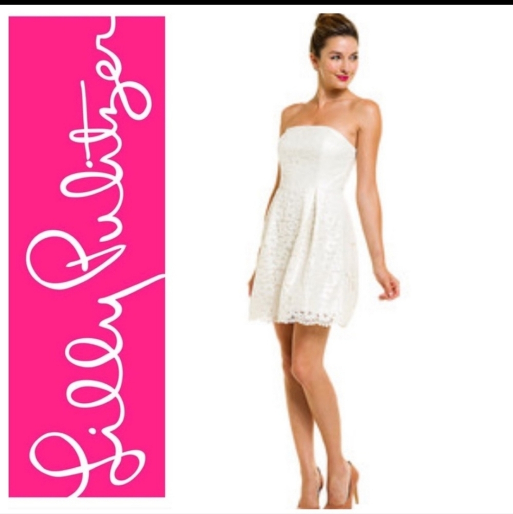 NWOT LILLY PULITZER MARIELLE CAMEO WHITE RACE FOR THIS LACE STRAPLESS DRESS